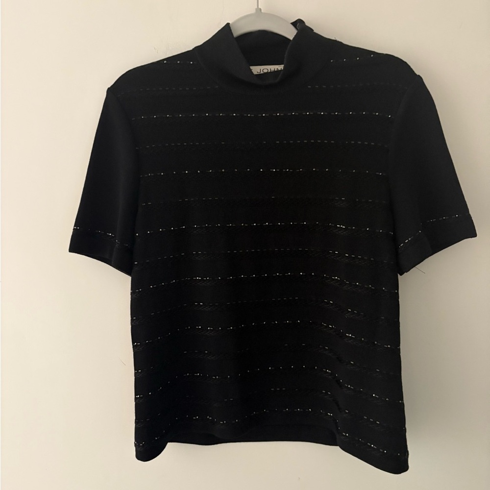 St. John Evening Santana Black Short Sleeve Knit Mock Turtleneck Rhinestones - Picture 6 of 6